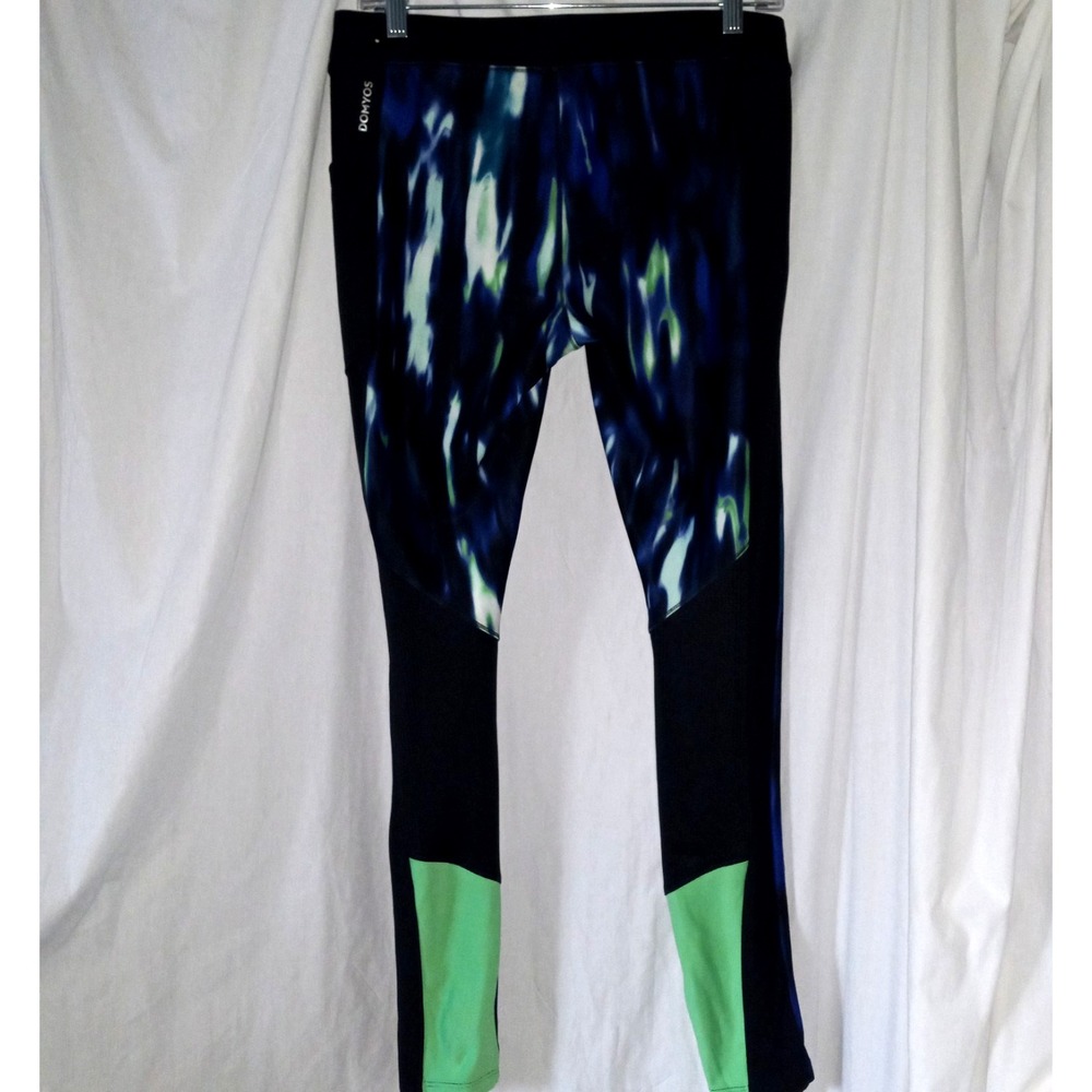 DomYos Decathlon Blue Green Print Leggings Sz L Activewear Running Track Field